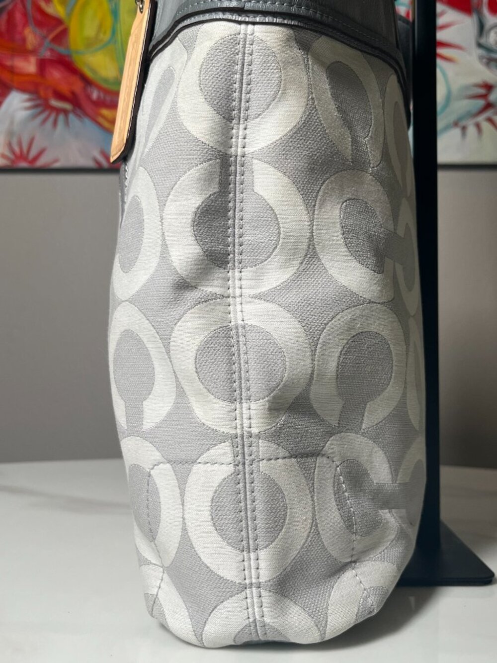 Coach Audrey Op Art Signature Tote 17035 Gray White Jacquard Patent Leather Bag - Picture 4 of 15